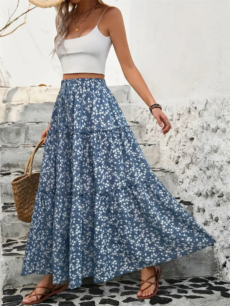 Women's Spring-Summer Ditsy Floral Belted 3-Tiered Maxi Skirt - Elegant High-End A-Line Bottom, Women's Long Layered Casual Skirt, Skirts For Women