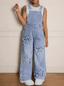 Teen Girls'Wide-Leg Denim Overalls with Star Embroidery Everyday Outfits- Machine Washable Teen Loose Fit Long Denim Machine Washable All-Season Casual Jeans for Teens Durable Fabric