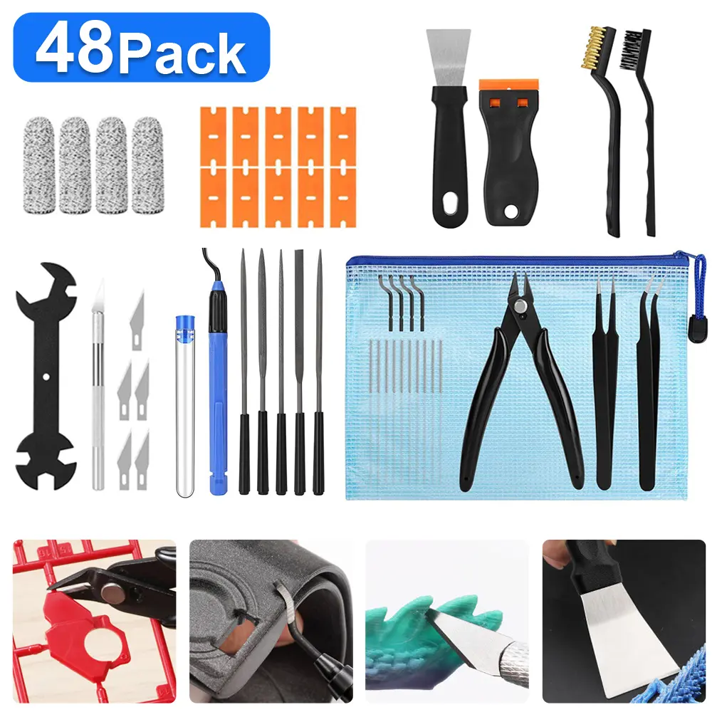 Sewing Tool Kit 48-Piece Set for 3D Printer Disassembly, Finishing & Cleaning Tasks – Includes Deburring Tools, Scrapers, Files, Cutting Knives, Pliers, Wrenches, Tweezers, Finger Cots, Brushes