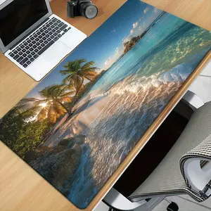 1 piece of XXL tropical beach sunset Peaceful ocean mouse pad rubber base, large rectangular desktop pad for gaming and office decoration, bright palm tree pattern, large-sized desktop mouse pad, decorative desktop item