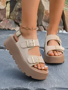 Women's Thick Sole Roman Sandals, Flatform Sandals, Open Toe Platform, Summer Fashion Casual PU Leather Slippers, Soft Rubber Outwear Shoes, Plain Design, Footwear Sandal