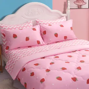 Strawberry Comforter Bedding Set Full Size for Girls 7 count Pink Kawaii Comforter Set Bed in A Bag for  Teens All Season (1 Comforter,1 Flat Sheet,1 Fitted Sheet and 4 Pillow Sham)