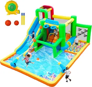 FBSPORT Inflatable Bounce House Water Slide 9-in-1 Fun Zone with 550W Blower, Water Gun, Splash Pool, Bounce Area & Accessories for Kids Play