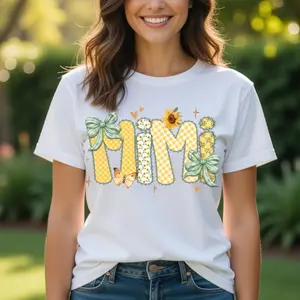 Personalized Gigi T-Shirt, Sunflower Patchwork Bow T-Shirt, Floral Gingham Grandma Tee, Cute Mother’s Day Gift for Gigi, Nana, Mimi, Custom Family Name T-Shirt, Vintage Coquette Top