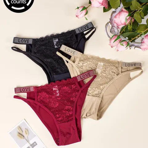 DORSU 3/4/5/6 piece Women's Floral Lace Rhinestone Decor "LOVE" Print Panties, Casual Comfy Breathable Cut Out Knicker for Daily Wear, Ladies Underwear for All Seasons, Summer Outfits 2024 Fitted Knickers