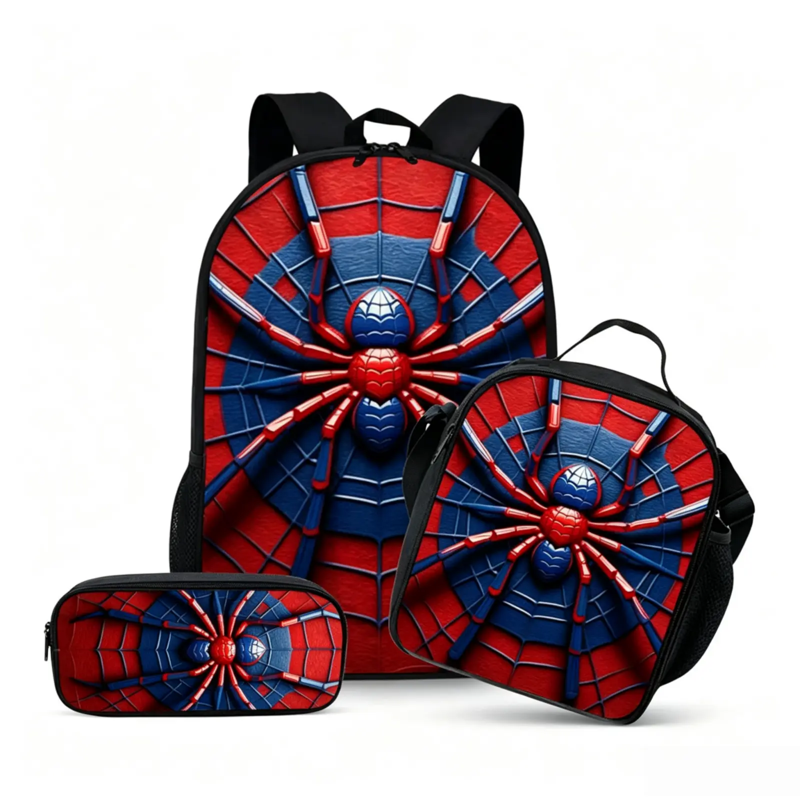 Red Spider Pattern 3-Piece Student Schoolbag Set, Lightweight Polyester Gym Backpack with Lunch Box, Adjustable Shoulder Straps for High School Students