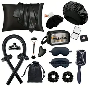 19-Piece No Heat Curl Care Set, Includes No Heat Curler, Satin Pillowcase, Sleep Cap, Eye Mask, Scalp Massager, Jade Roller, Shampoo Bag, Home Hair Kit