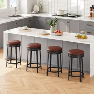 24'' Backless Round Swivel Bar Stools Set of 4, Counter Height, PU Leather Upholstery, Metal Frame & Footrest for Kitchen Island, Home Bar, Brown