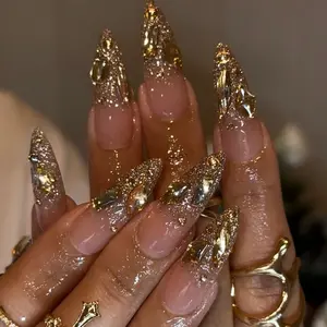 SHEDARES Golden Glitter – Luxury Nude Press-On Nails with Gold Glitter & Metallic Gems – Perfect for Weddings, Parties & Elegant Glam Nights