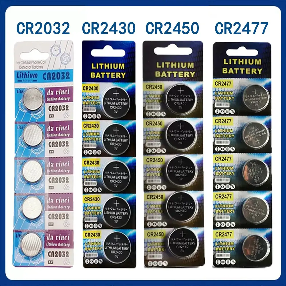 5pcs Cr2032/cr2450/cr2430/cr2477 3v Lithium Button Coin Cell Batteries, Compatible for Electronic Remotes, Toys, Digital Weighing, Electronic Gadgets, Button Battery