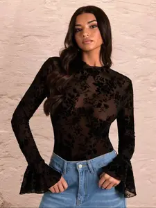 Women's Sexy Floral Lace Bodysuit, Long Sleeve Sheer Mesh Underwear, Fall New Fashion Slim Fit Bodycon Jumpsuit, Womenswear