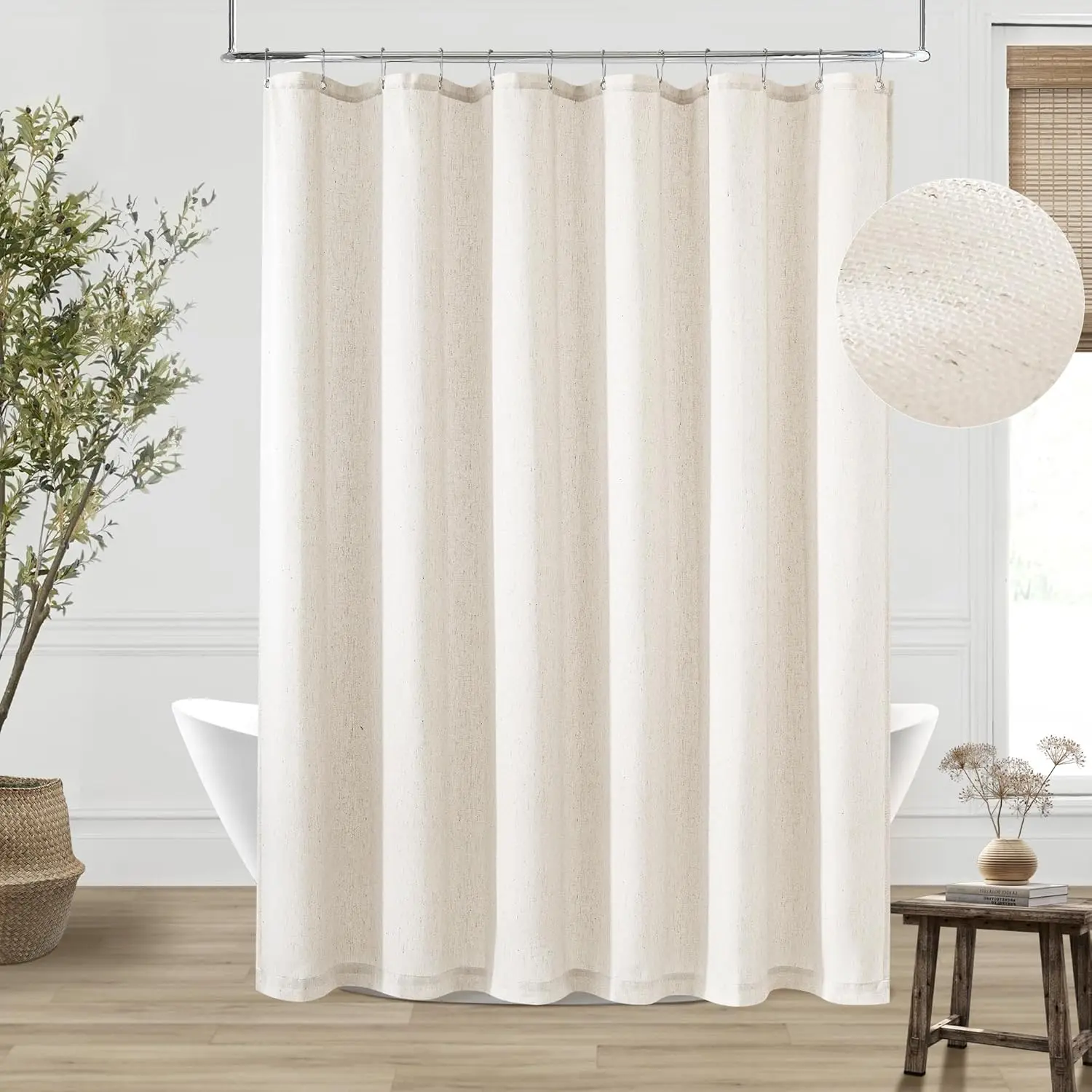 Extra Long 90 Inch Shower Curtain for Bathroom, Linen Texture in Cream, Earth Tone Boho Style, Rustic Drapes for Shabby Chic Decor, 72x90 Inches