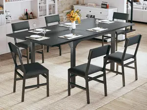 7-Piece Dining Table Set for 4-6, Extendable Kitchen Table Cushion Chairs Set of 6 with 6 Chairs, Rectangle Dining Table with Metal Frame & MDF Board, Folding for Small Apartment Saving Space, Black
