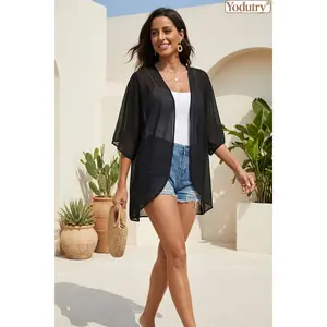 Yodutry|Sheer Chiffon Kimono Cover-Up Open-Front Lightweight Cardigan 3/4 Sleeve Beachwear Wrap Top Black Sheer Chiffon Layering Piece Loose Fit Casual Kimono Shrug Breathable Summer Sun ProtectionVersatile Beach & Daily Cover-Up