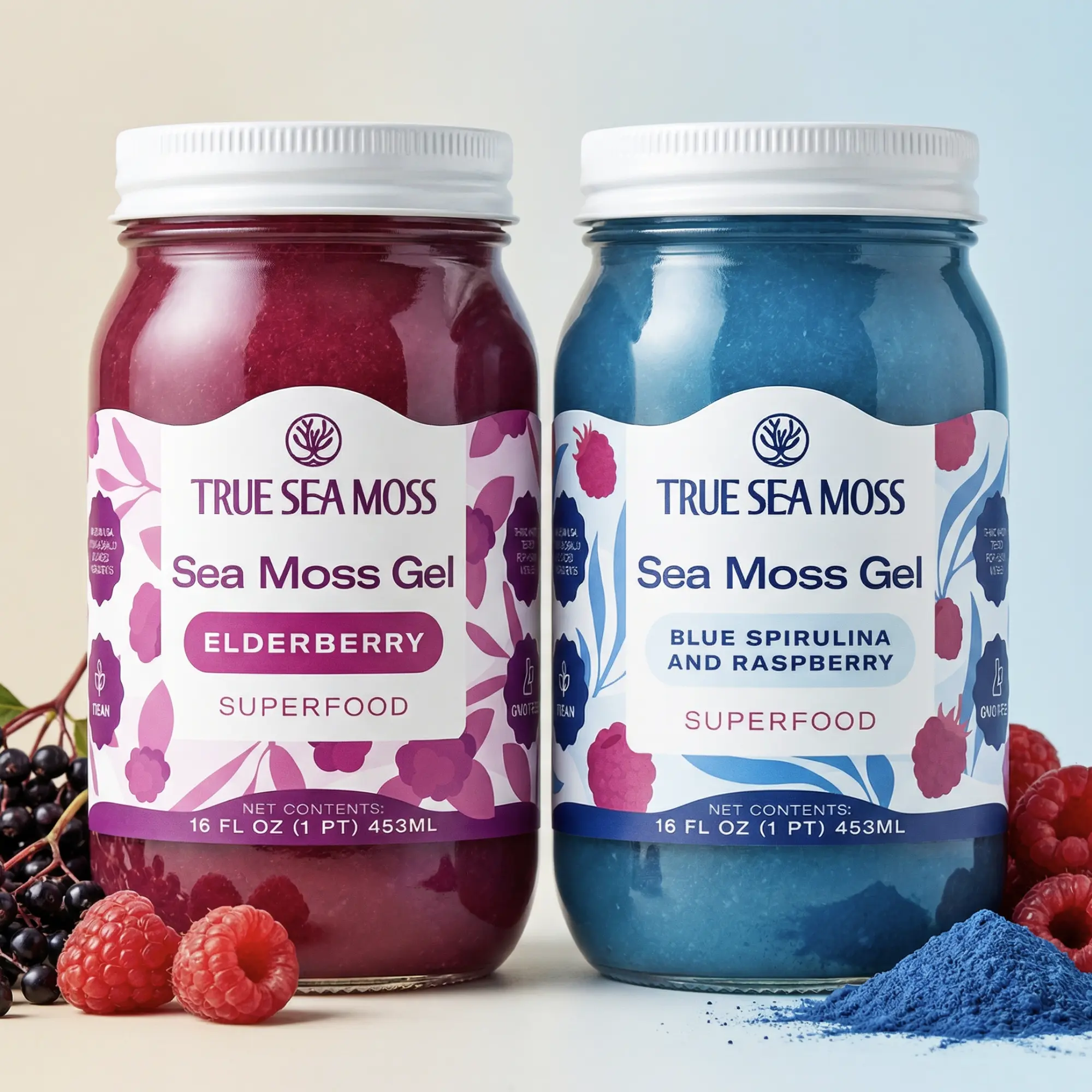 True Sea Moss Gel 2-Jar Bundle: Elderberry & Blue Spirulina-Raspberry – Rich in Essential Minerals & Vitamins – supports overall vitality