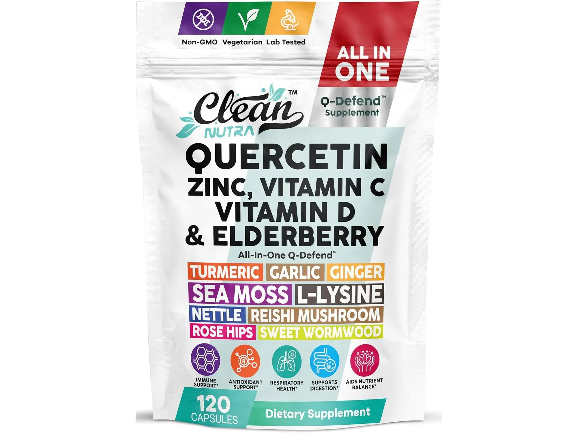 Clean Nutra Quercetin, Zinc, Vitamin C, D & Elderberry for Immune & Respiratory Support - Q Defend Bag