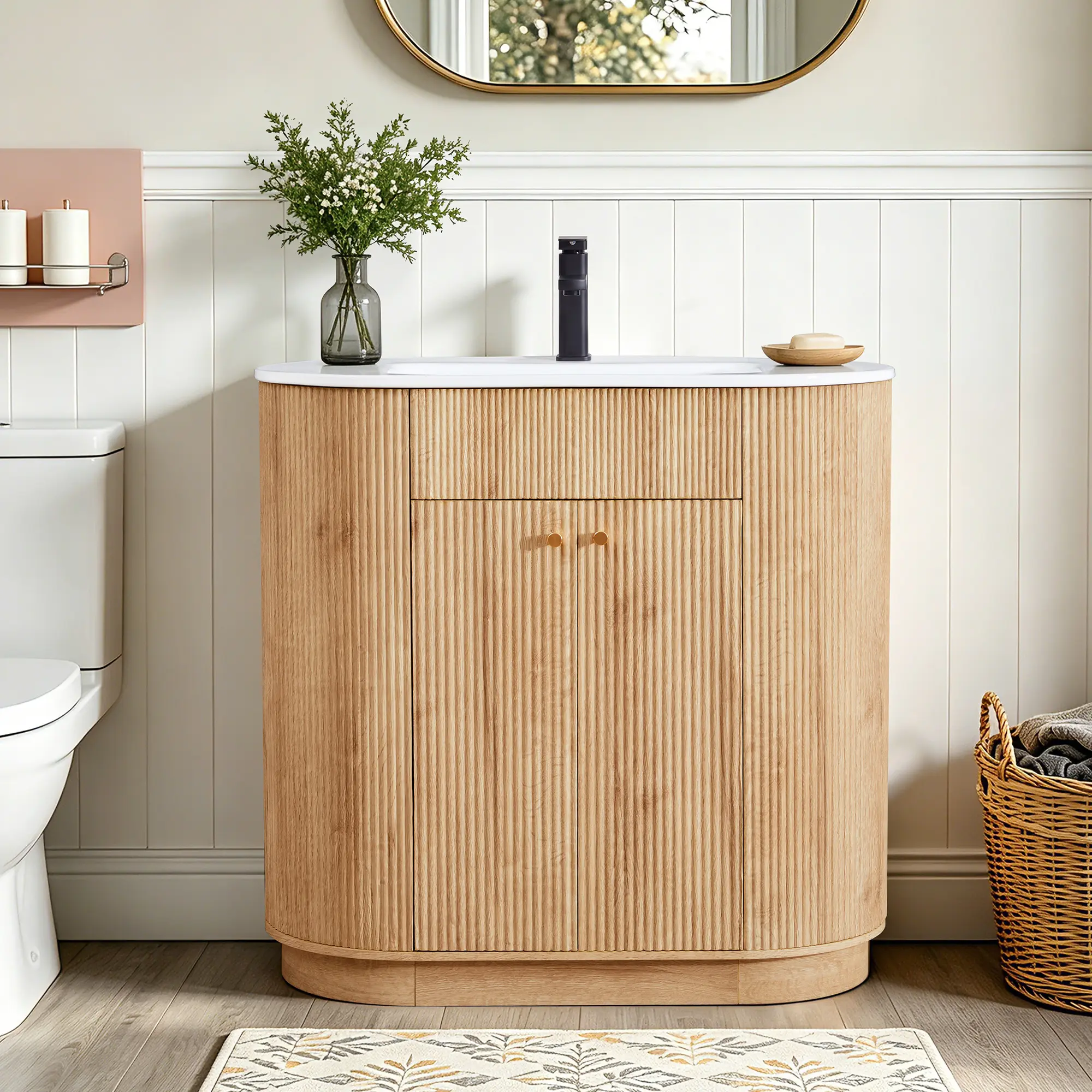 Giratree 36” Fluted Bathroom Vanity with Integrated Ceramic Single Sink | Freestanding Curved Modern Bathroom Storage Vanity Cabinet with Doors, Wood Grain Vanity with Metal Handle Cabinet