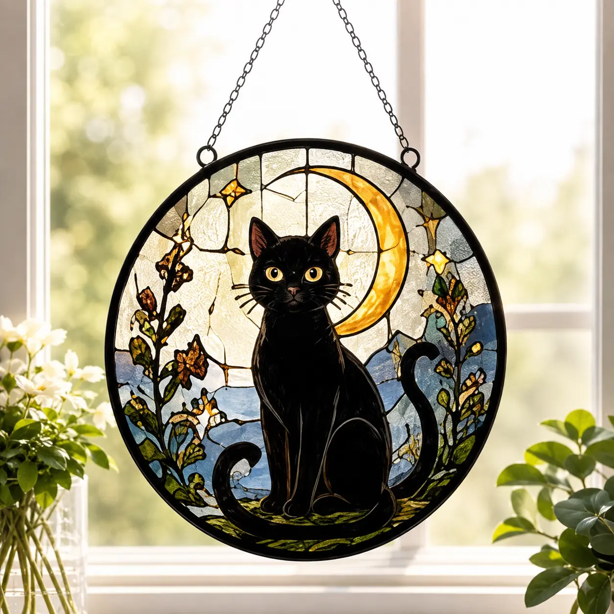 Black Cat Suncatcher, Celestial Moon Stained Glass Style Window Hanging Decor, Floral Cat Ornament, Gothic Home Decor, Cat Lover Gift, Halloween Window Decoration