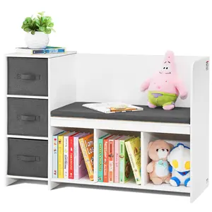 VEVOR Kids Reading Nook Bench, TikTokShopBlackFriday, Toddler Bookshelf and Bookcase with Detachable Seat Cushion, 6-Cubby Storage Organizer Bench with 3 Drawers, Ideal for Playroom, Bedroom, Living Room or Entryway, White