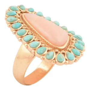 Cactus Rose Pink Opal and Blue Turquoise Golden Statement Ring