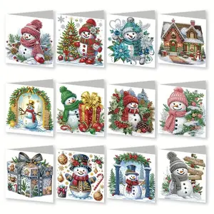 Snowman Pattern DIY Diamond Arts Colorful Painting Kit, 12pcs/set Card & Envelope, DIY Handmade Gift for Friends & Family, Diamond Painting Kits