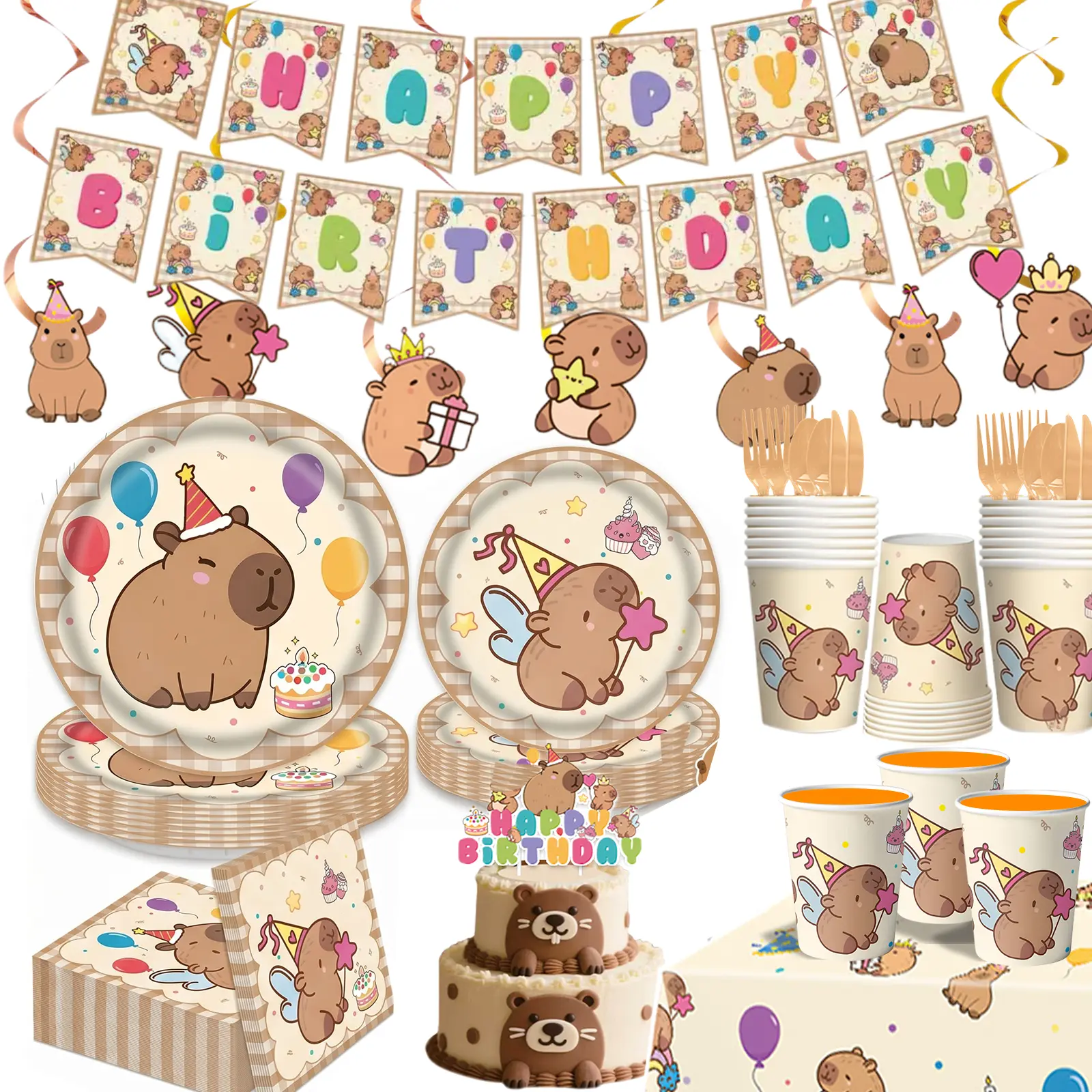 Capybara Birthday Party Decorations, 182PCS Capybara Party Tableware Set, Capybara Party Supplies including - Plates, Cups, Napkins, Tablecloth, Cutlery & HAPPY BIRTHDAY Banner, Serves 24