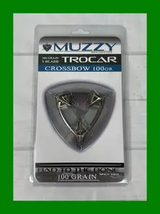 Muzzy - Trocar, Crossbow Hunting Broadheads 3/pack 100 Grain, 3 Steel Ferrule Fixed Helix Blades, 1 3/16" Entry Diameter, Trocar Tip