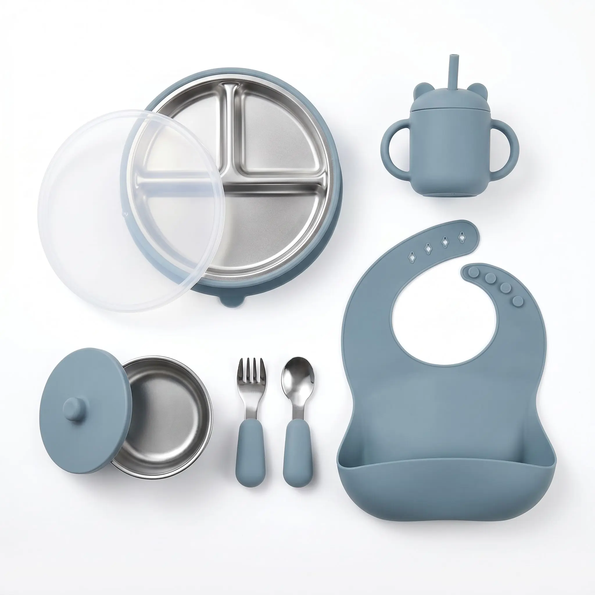 Premium Silicone Baby Feeding Set with Stainless Steel Plate, Bowl, Bib & Sippy Cup – BPA Free Baby - Led Weaning Set