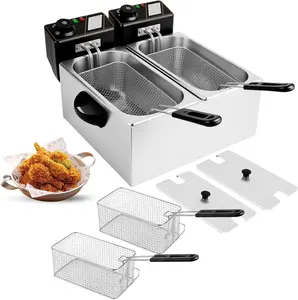 8L Electric Deep Fryer with 2 Baskets and Lids, Dual Tank 4000W Countertop Deep Fryer, Commercial Stainless Steel Oil Fryer Temperature Control