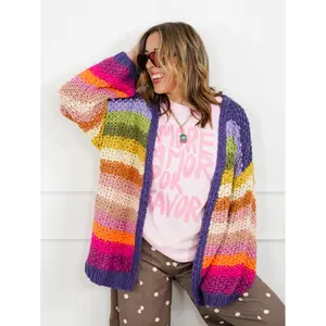Rainbow Crochet Long Sleeve Open Front Cardigan