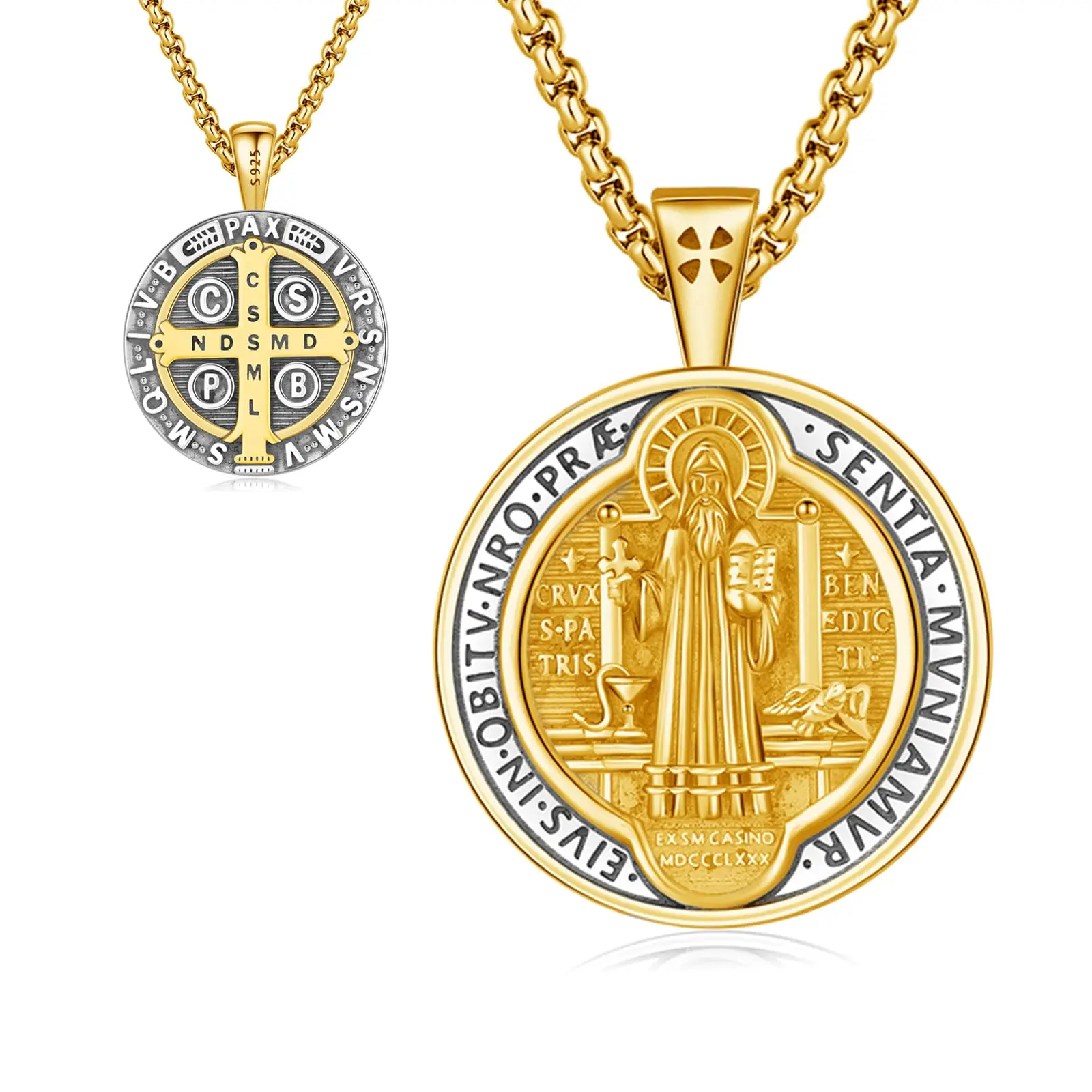 DRINSPER 925 Sterling Silver Saint Benidict Cross Necklace - Gold-Plated & Oxidized Spiritual Religious Pendant, Vintage Faith Style Cross Design Necklace Gift for Christian Protection, Spiritual Pendant, Faith Style Necklaces