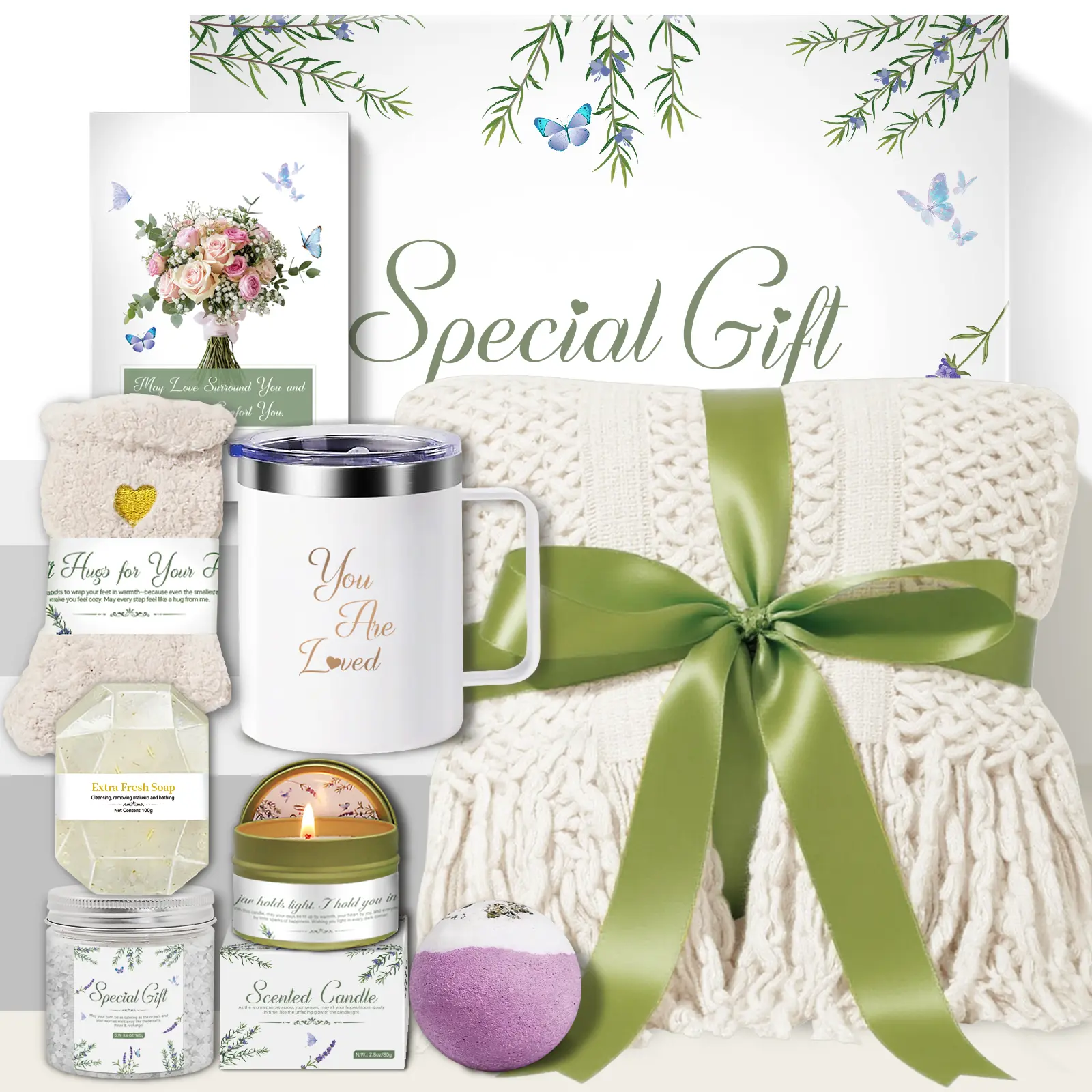 Women's Luxury Gift Sets - Self-Care Spa Basket with Cozy Blanket, Scented Candle - Birthday, Sympathy Gifts, Gift Sets For Women