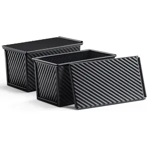 2 Pack Bread Loaf Pan with Lid, 1 Pound Dough Nonstick Loaf Baking Pans, for Sourdough Sandwich Homemade Bread, Carbon Corrugated Toast Tin, Black