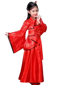 Girls' Floral Hanfu Princess Dress, Loose-Fitting Long Sleeve, Wide Shoulder Design, Elegant Style, Waist Cincher Belt Included