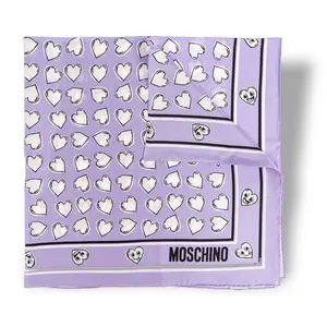 Moschino Heart Print Silk Scarf 45x150 Lilac Logo Accent Soft Lightweight Designer Accessory