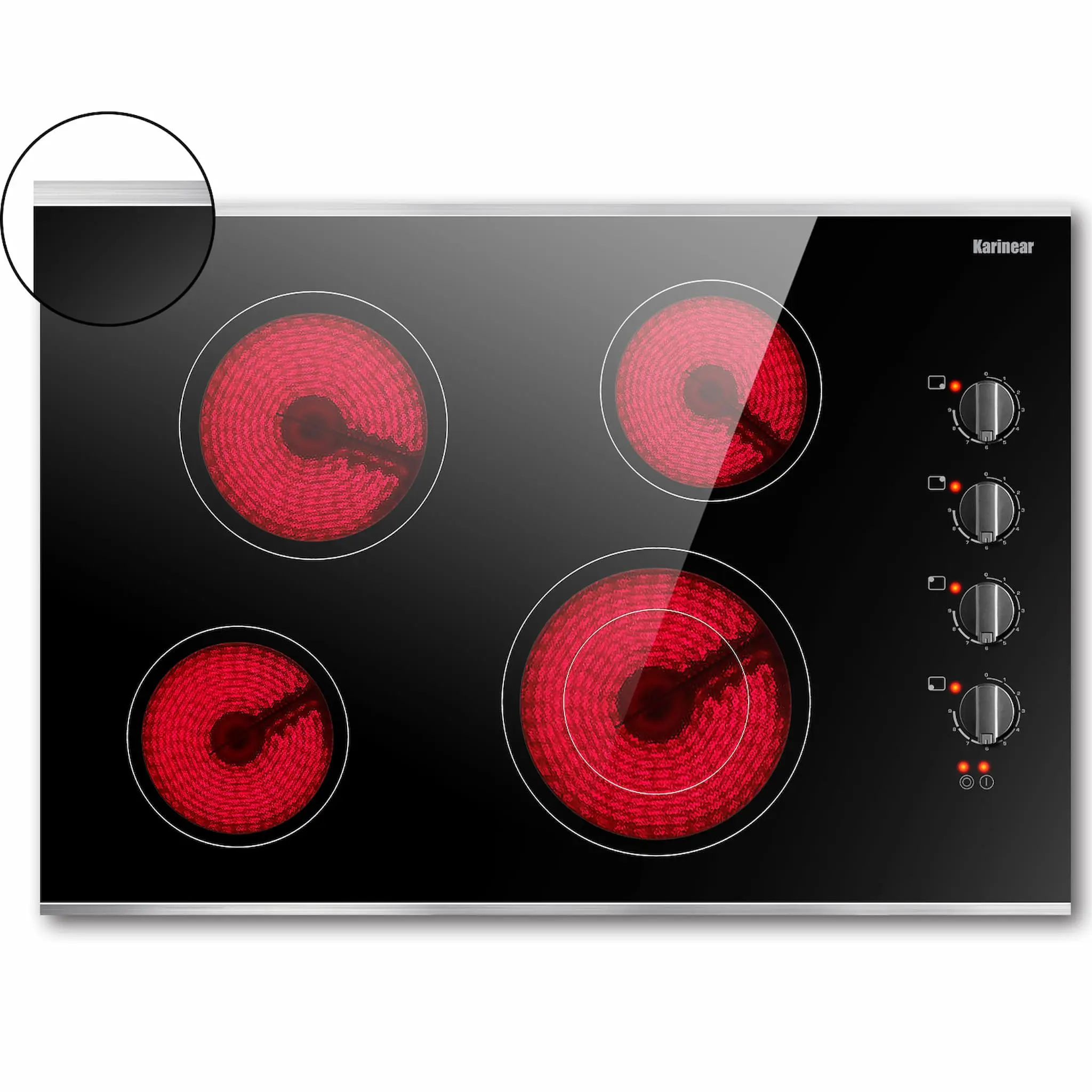 Karinear 30-Inch Metal Frame Built-In Electric Stove Top - Kitchen Appliances, Knob Control, Glass Protection, 220-240V Wired, Child Lock, Cordless, 30.3in x20.5in x2.12in, 1200w+1200w+1800w+1250/2500w, Aluminium Pan Compatible