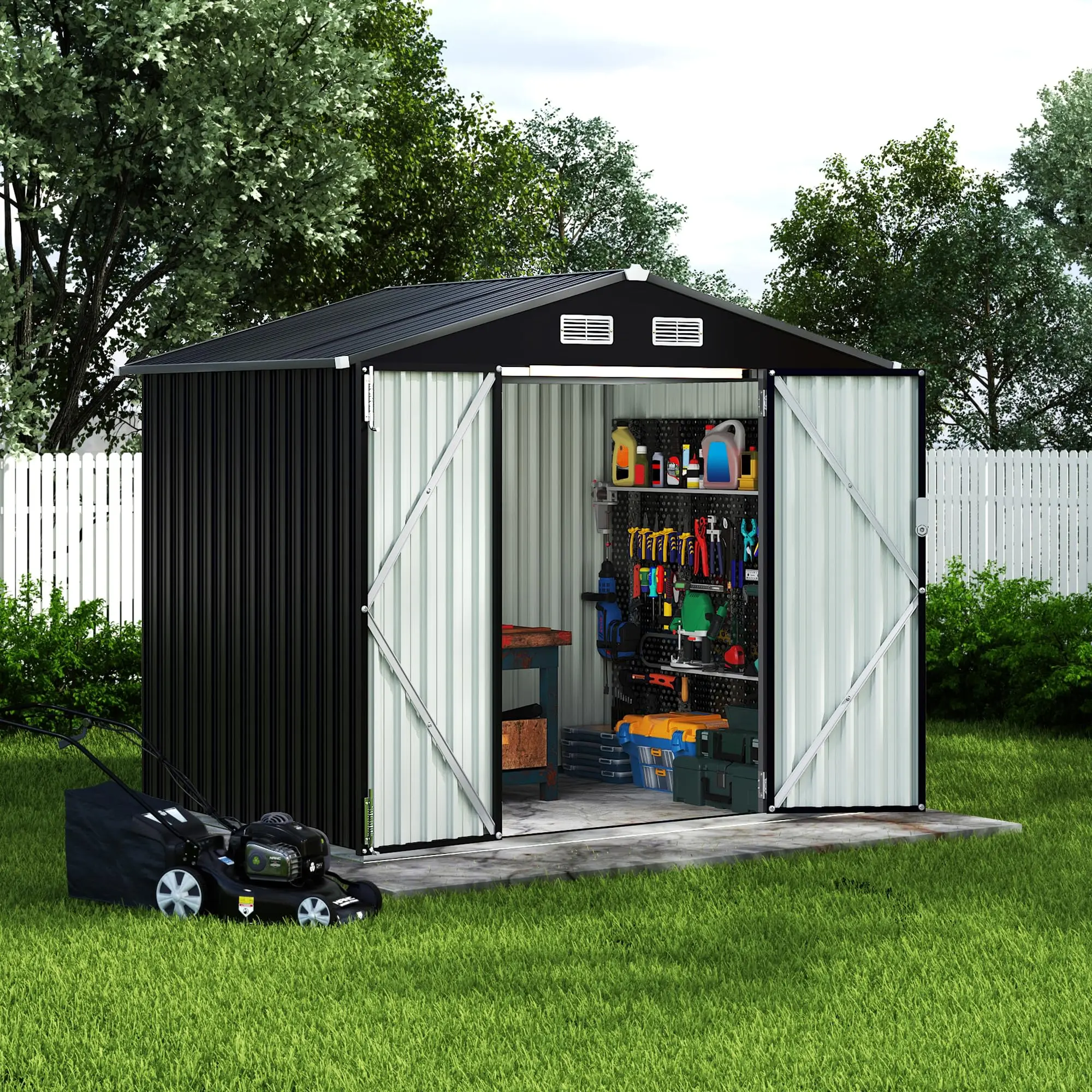 6x8x6.4 ft Galvanized Steel Storage Shed, Lockable Doors, Air Vents for Boosted Airflow, Heavy-Duty Enhanced Full-Frame Design, Weatherproof Outdoor Organizer for Garden Tools, Backyard