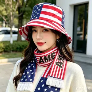 Patriotic Stars and Stripes Bucket Hat & USA Scarf Set, 4th of July Accessories for Outdoor Sports & Activities