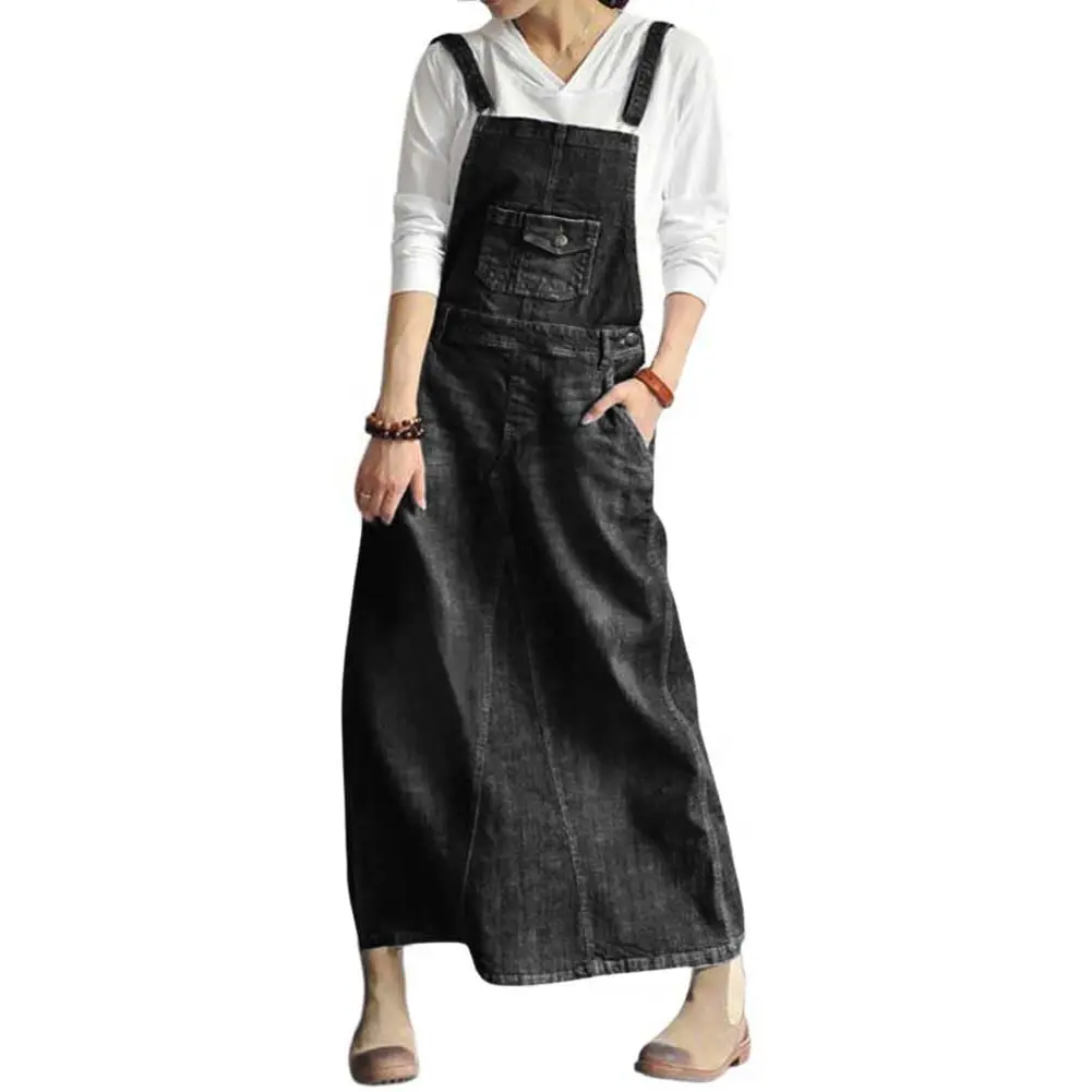 Chouyatou Women's Retro Vintage Adjustable Strap Denim Overall Dress - Distressed A-Line Pinafore Bib Jean Dress with Kangaroo Pocket, Versatile for Tank Top, Blouse Layering, Comfy