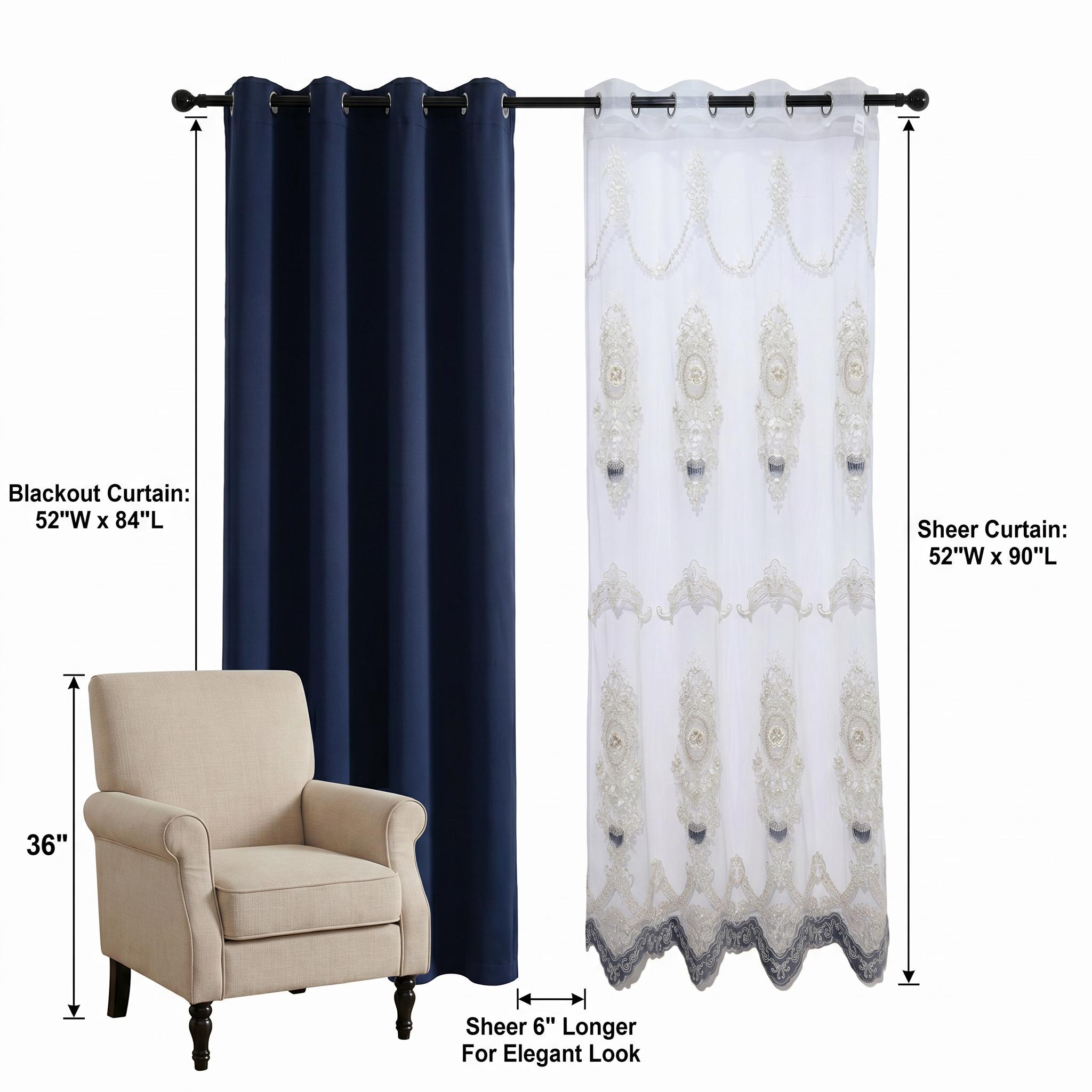 4 Panels Combination Grommets Curtains Including : 2 Panels 52x84 inch Solid Blackout Curtains & 2 Panels 52x90 inch Luxuary Embroidery Curtains QF222 QF78 noise reduction