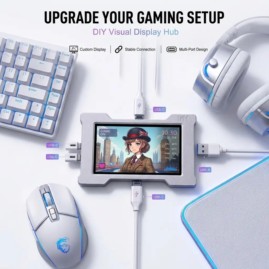 DIY Visual Display USB Hub, Multi-Port USB-C & USB-A Hub with Custom Screen, Aluminum Alloy Gaming Desk Accessory for Keyboard, Mouse, Headset and PC Setup