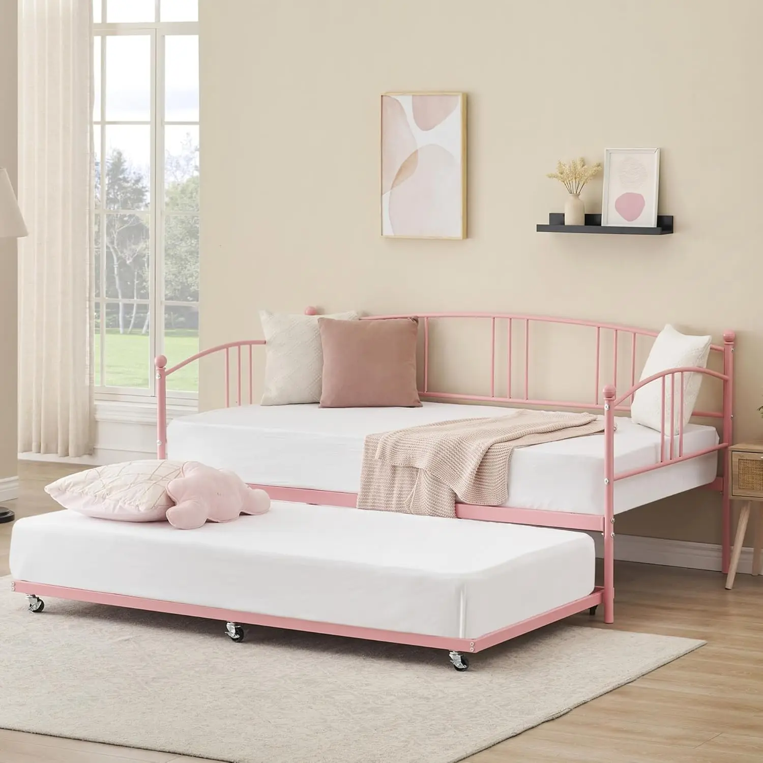 Pink Metal Twin Daybed with Pullout Trundle (Pull Out Bed) - 6 Casters, Steel Slat Support, 350 lbs Capacity, Sofa-to-Twin Conversion, Secure Mobility, No Box Spring Needed for Dorm, Bedroom