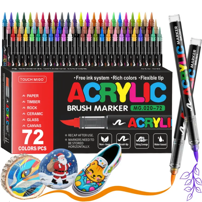 Acrylic Paint Markers Set, Soft Brush Tip Acrylic Paint Pens for Wood Rock Fabric Glass Metal Ceramic Canvas Glass Canvas Stone DIY Crafts Art Supplies, Art Color Set, Art Materials, Acrylic Painting Pen, Multipurpose Art Supplies, Coloring Supplies