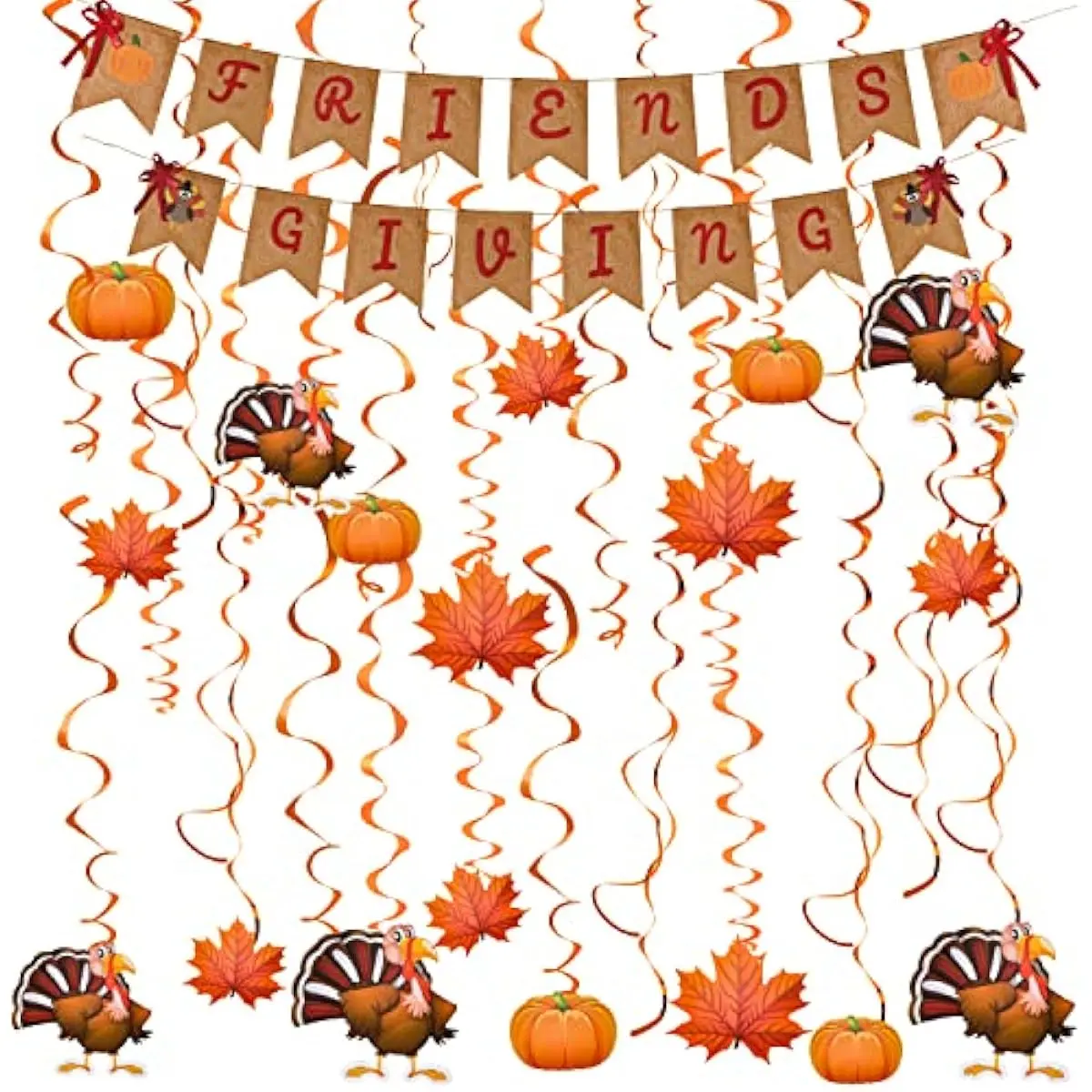 Friendsgiving Garland Party Decoration Set Including 2 Banner Hanging Garland, 6 Foil Swirls with Decorative Hanging Cutouts for Thanksgiving Holiday Decor