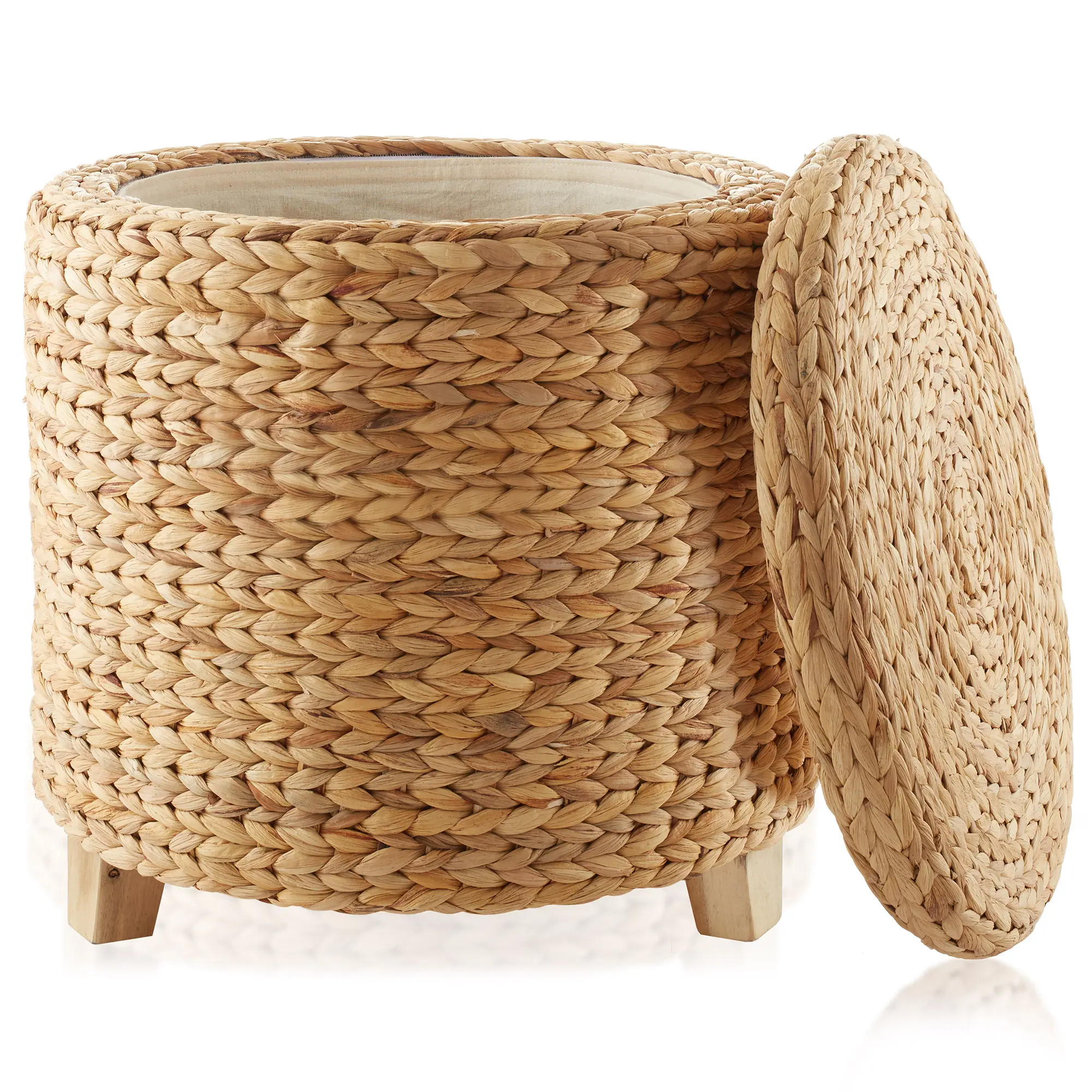 Casafield 17" Round Storage Ottoman with Lid, Natural Water Hyacinth, Woven Wicker Footstool for Living Room, Bedroom, Bathroom, Home Office