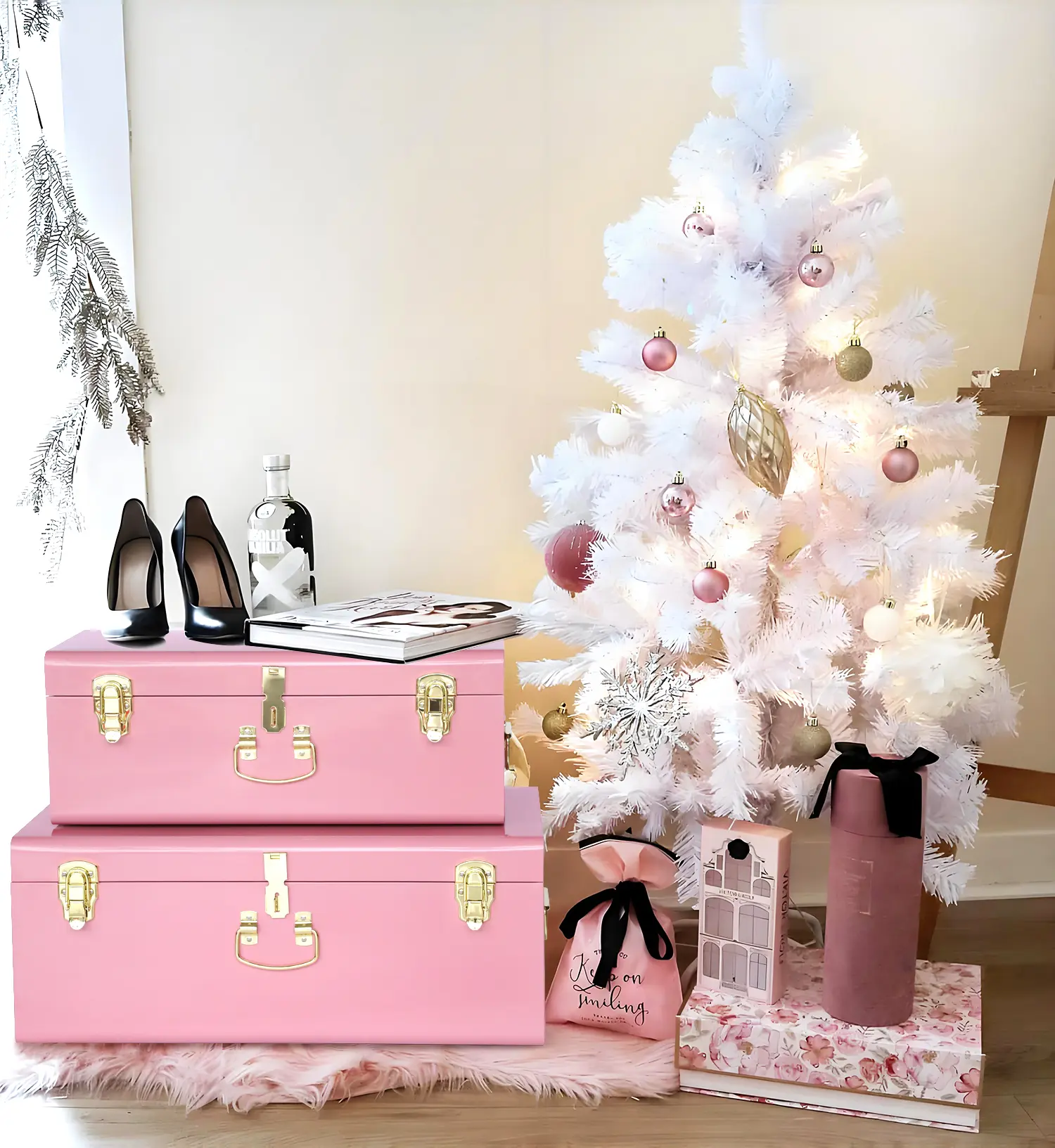 Blush Pink Vintage Eco-Friendly Rectangle Metal Storage Trunk Set (2-Pack) - Home Organizer with Key Lock, Wedding Keepsake Holder, Bedroom Side Table & Accent Decor Storage Box, Memories