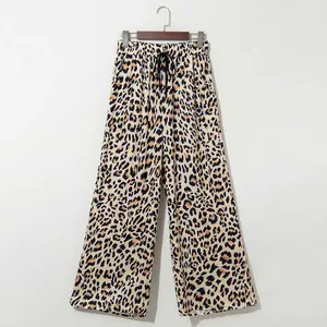 2026 Women's leopard print pleated wide-leg gaucho pants sheepskin leopard print belted stretch wide-leg long pants casual resort style#SummerVibes
