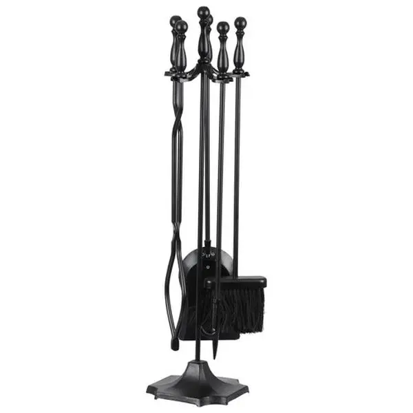 Zenstyle 5PCS Wrought Iron Fireplace Tool Set - Ergonomic Black Handle Hardware with Holder, Shovel, Brush, Tongs, Fireplace Poker for Hearth/Outdoor Fire Pits, 11lbs, 7.1"l×7.1"w×30.7"h, Assembly Required
