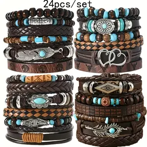 24Pcs Vintage Punk Western Cowboy Style Adjustable Bracelets Set, Faux Leather, Ideal for Daily Wear & Christmas Gifts, Cowboy Accessories