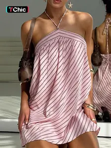 Women's Striped Print Halter Neck Dress, Casual Sleeveless Short Dress for Summer, Ladies Clothes for Daily Wear